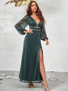 SHEIN Belle 深V領燈籠袖高衩伴娘洋裝 - 彩色 - 查看 4