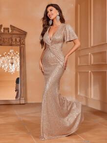 Elisanya 深 V 领美人鱼下摆亮片礼服优雅舞会晚会婚礼宾客礼服，适合毕业典礼、晚宴派对礼服 - 香檳色 - 查看 3