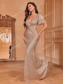 Faeriesty Faeriesty Women's Elegant Deep V-Neck Short-Sleeve Sequined Evening Gown With Twist Waist Detailing & Flared Mermaid Hemline – Perfect For Black-Tie Galas, Red-Carpet Events, Formal Weddings, Opera Nights, Charity Balls, And High-Society Dinners