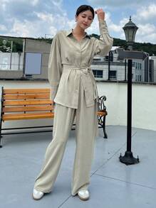 DAZY 落肩袖腰帶襯衫和褲子 - 綠色 - 查看 1