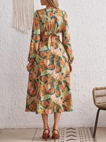 SHEIN VCAY Robe Partout Imprimé Tropical Manches Bouffantes - Multicolore - Voir 1
