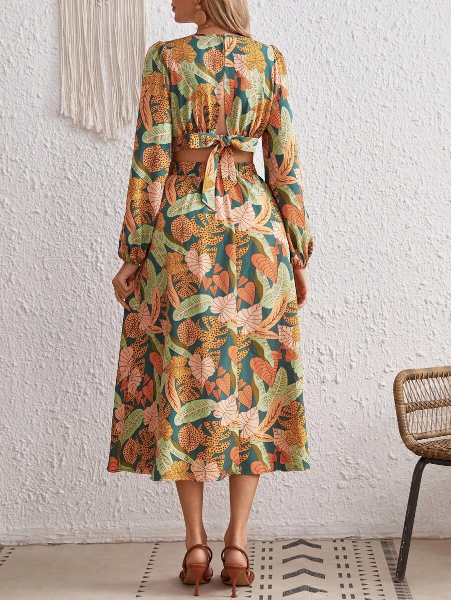 SHEIN VCAY Robe Partout Imprimé Tropical Manches Bouffantes - Multicolore - Voir 1
