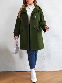 SHEIN LUNE 大碼翻蓋口袋行李袋連帽花呢外套 - 軍綠色 - 查看 3