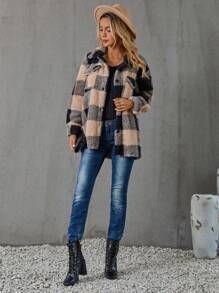 SHEIN LUNE In kẻ sọc Buffalo Thả vai Túi có nắp Áo khoác Teddy - màu đen - Xem 4