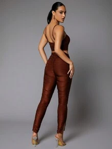 SHEIN BAE Solid Cami Top & Ruched Leggings - Brown - View 2