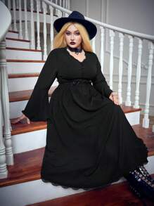 Flirla 加大喇叭袖蕾丝细节系带连衣裙 超长哥特女装 - 黑色 - 查看 4