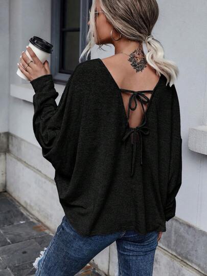 SHEIN LUNE Solid Tie Back Drop Shoulder Tee Fall Cloth For Women