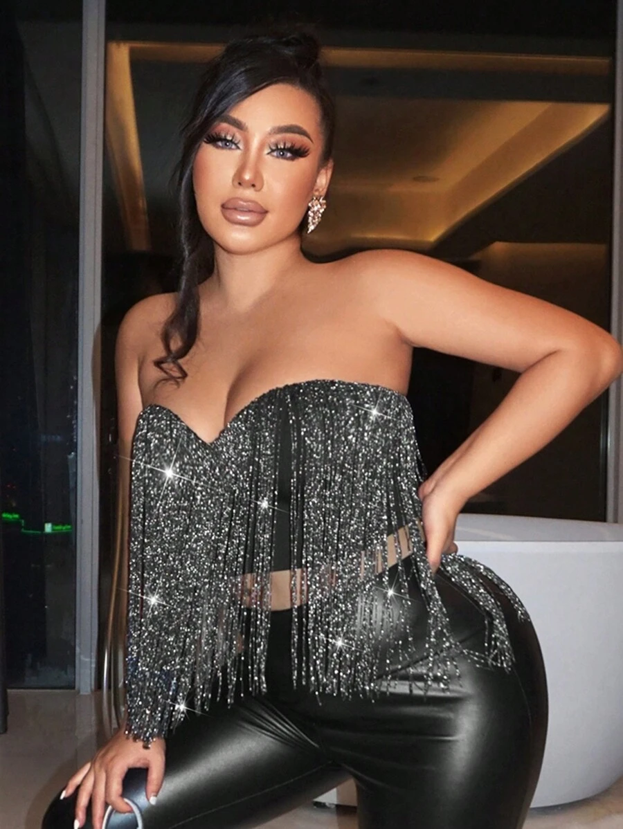 SHEIN SXY 流蘇邊抹胸上衣 - 黑色 - 查看 1