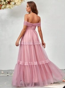 SHEIN Belle Váy lưới trễ vai - Hồng - Xem 2