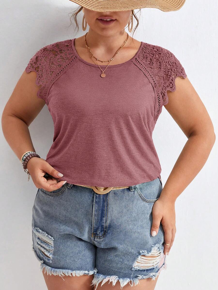 SHEIN Frenchy Talla grande Camiseta con encaje en contraste de manga raglán - Rosa vieja - Ver 1