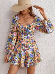 SHEIN VCAY 花卉印花燈籠袖褶皺胸圍荷葉邊下擺連衣褲 - 彩色 - 查看 1