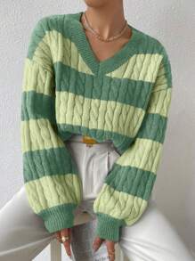 Chiquease Two Tone Cable Knit Drop Shoulder Sweater,Long Sleeve Tops Knit Pullover Fall Winter Outfit - Green - View 1