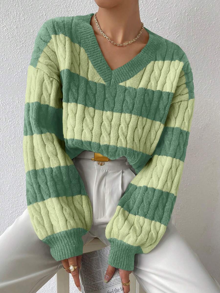 Chiquease Two Tone Cable Knit Drop Shoulder Sweater,Long Sleeve Tops Knit Pullover Fall Winter Outfit - Green - View 1