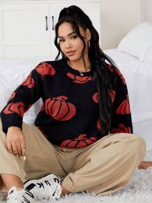 Celure 万圣节南瓜图案落肩针织套头衫，适合秋冬季穿着 - 橘色 - 查看 1