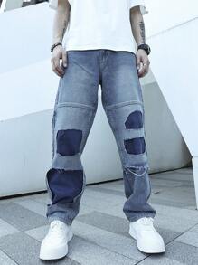 Manfinity EMRG Men Contrast Panel Ripped Straight Leg Jeans