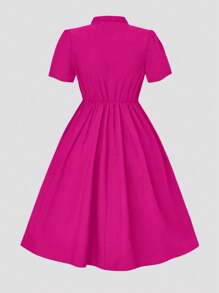 SHEIN Clasi Plus Tie Neck Puff Sleeve Flare Hem Dress - Hot Pink - View 2