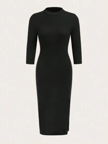 SHEIN BASICS 小高領開衩下擺包臀洋裝 - 黑色 - 查看 1