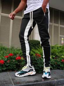 Boyfriend Style Men Colorblock Drawstring Waist Zipper Detail Sweatpants