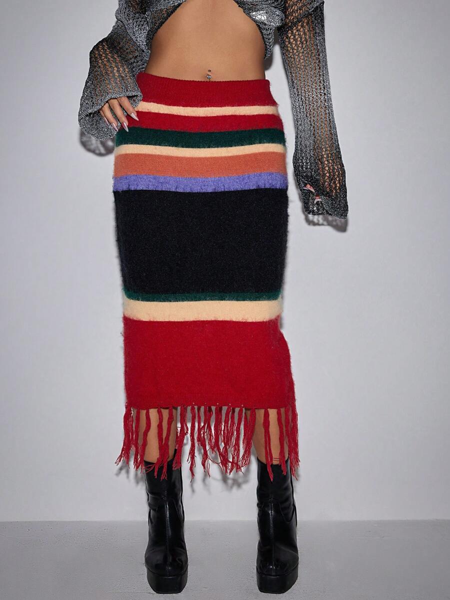 SHEIN Unity Vintage Striped Pattern Fringe Hem Contrast Color Sweater Skirt - Multicolor - View 1