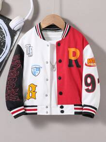 Young Boy Letter Graphic Striped Trim Varsity Jacket Without Tee - Red - View 1