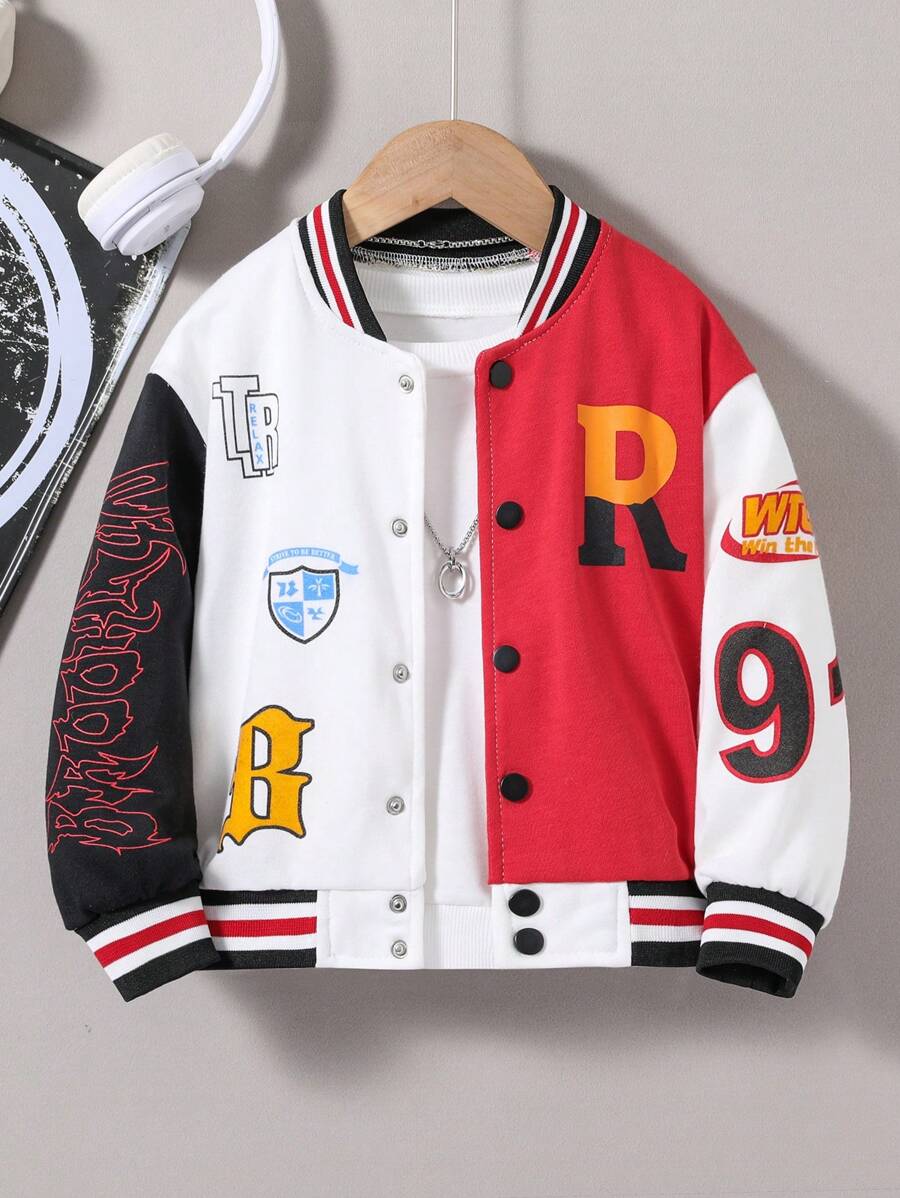 Young Boy Letter Graphic Striped Trim Varsity Jacket Without Tee - Red - View 1
