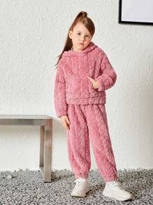 SHEIN 女小童袋鼠口袋毛絨帽衫和褲子 - 藕粉色 - 查看 3