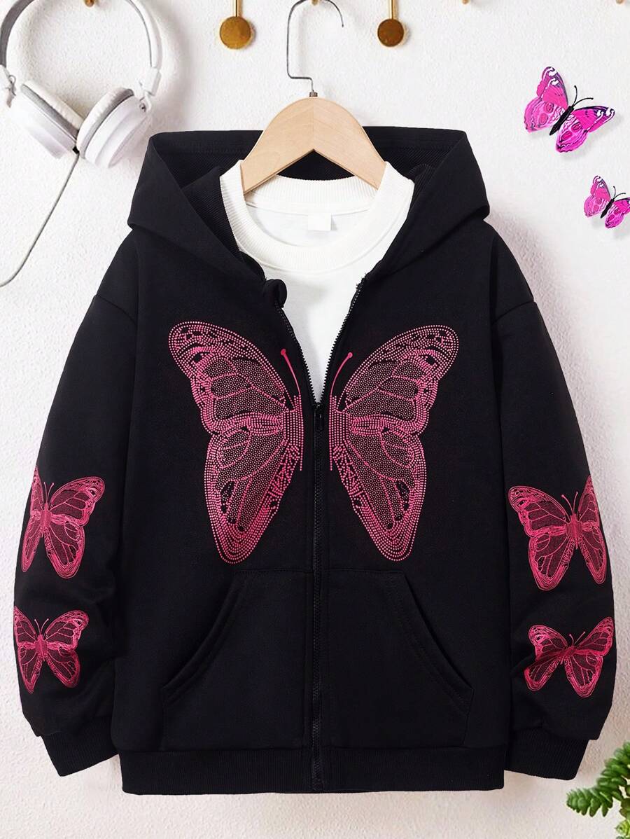 SHEIN Tween Girl 1pc Butterfly Print Zip Up Hooded Sweatshirt - Black - View 1