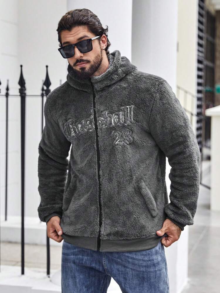 Men Plus Letter Embroidery Hooded Teddy Jacket