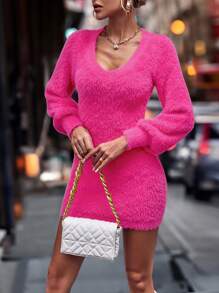 SHEIN Unity Lantern Sleeve Fuzzy Sweater Dress - Hot Pink - View 4