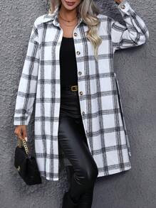 SHEIN LUNE Plaid Print Drop Shoulder Belted Overcoat - Black and White - View 1