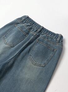SHEIN Tween Girls Casual Vintage Raw Hem Straight Leg Washed Slim Fit Jeans - Medium Wash - View 5