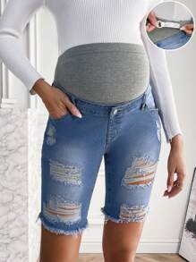 SHEIN 孕婦寬腰帶破洞抽鬚毛邊牛仔短褲 - 藍色 - 查看 1