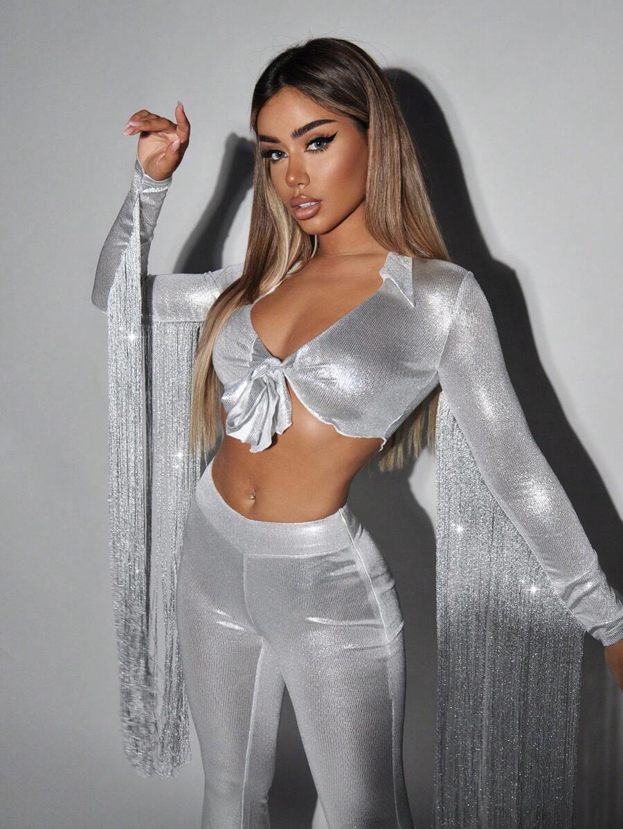 SHEIN ICON 前繫帶短款金屬亮絲上衣