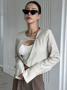 DAZY Solid Button Detail Cutout Crop Blazer Business Attire - Apricot - View 1