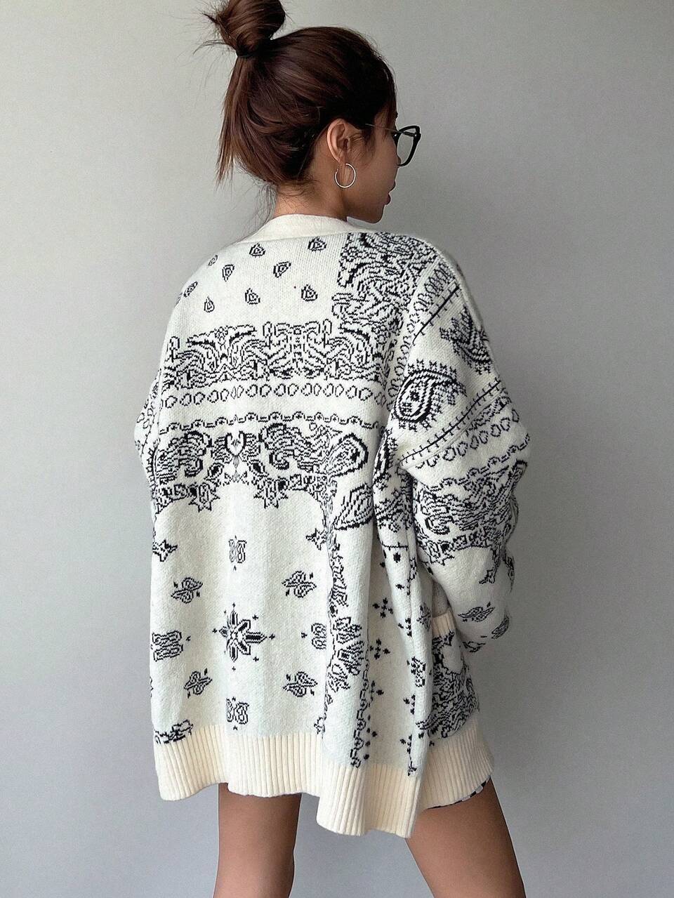Women Beige Paisley Pattern Cardigan,Black White Polka Dot,Autumn,Retro Vintage 70s,Everyday,Back-To-School,V Neck Drop Shoulder Pocket Loose Jacket