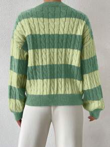 Chiquease Two Tone Cable Knit Drop Shoulder Sweater,Long Sleeve Tops Knit Pullover Fall Winter Outfit - Green - View 2