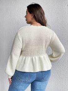SHEIN Clasi Hơn Cắt vỏ sò Tay áo lồng đèn Nút phía trước Xoay eo Áo len - trắng - Xem 4