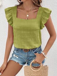 SHEIN VCAY 方領荷葉邊襯衫 - 橄欖綠 - 查看 4