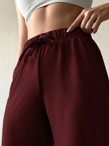 EURMUSE Solid Drawstring Waist Straight Leg Pants - Rust Brown - View 5
