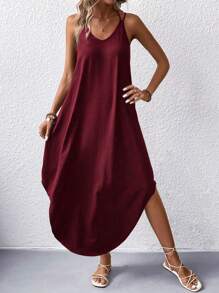 EARO 优雅欧美风休闲无袖长裙，简约纯色针织系腰修身连衣裙，舒适日常穿着，春秋季 - 酒紅色 - 查看 5