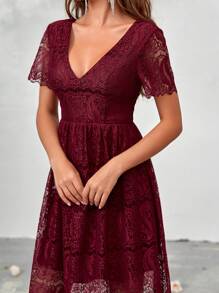 SHEIN Belle Cổ v Ren Váy phù dâu - Đỏ - Xem 3