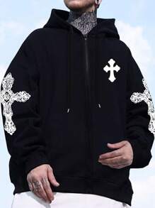 Manfinity EMRG Áo khoác nam in hình chữ thập có dây rút, trùm đầu cỡ lớn, Rapper, Tay dài, Đi chơi, Áo khoác mỏng - màu đen - Xem 3