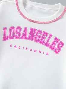 SHEIN Cô gái Tween Đồ họa Chữ cái Khâu trên cùng Lót nhiệt Áo chui đầu và quần thể thao - Màu Hồng Tươi - Xem 4