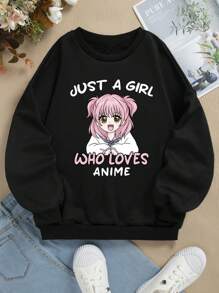 SHEIN Leap Crew Teen Girl Casual Cartoon Slogan Print Crew Neck Sweatshirt, Autumn/Winter - Black - View 1