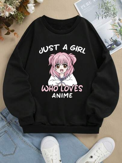 SHEIN Leap Crew Tonårsflicka Casual Tröja med tecknad slogan och rund hals, höst/vinter