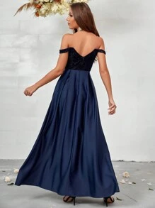 SHEIN Belle Off Shoulder Plicated Detail Bridesmaid Dress - Blue - View 3