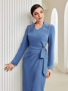 Modelyn Pearls Beaded Knot Side Wrap Hem Dress - Dusty Blue - View 6