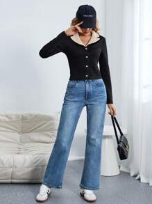 SHEIN Essnce Nút cổ áo tương phản Teddy phía trước - Nhiều màu - Xem 5