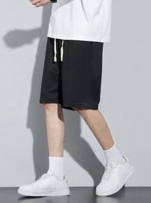 男士腰部抽繩斜口袋短褲 - 黑色 - 查看 3