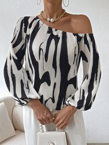 SHEIN LUNE Graphic Print Asymmetrical Neck Lantern Sleeve Blouse